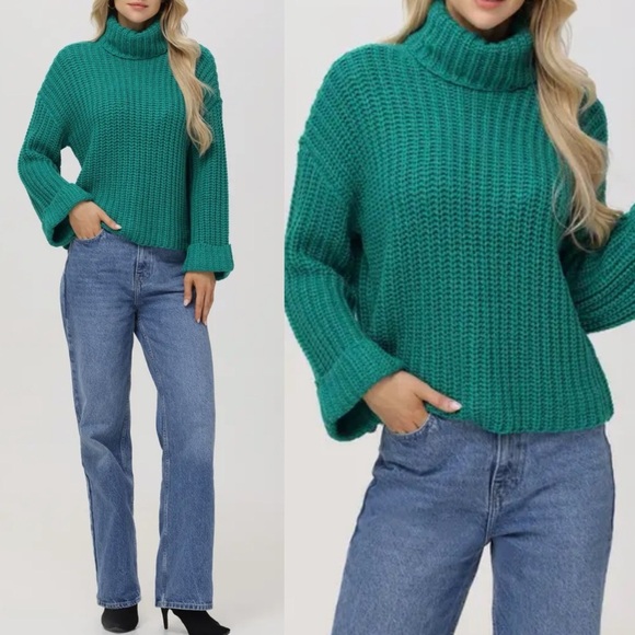 525 America Green Chunky Knit Turtleneck Sweater medium - Picture 1 of 4